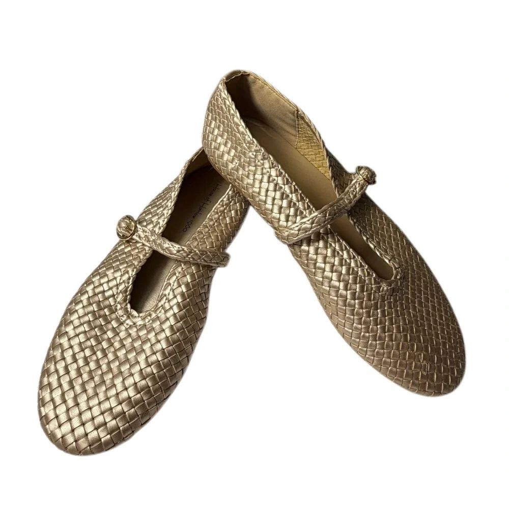 House of Harlow 1960 Gold Woven Mary Jane Ballet Flats Boho Chic Size 8